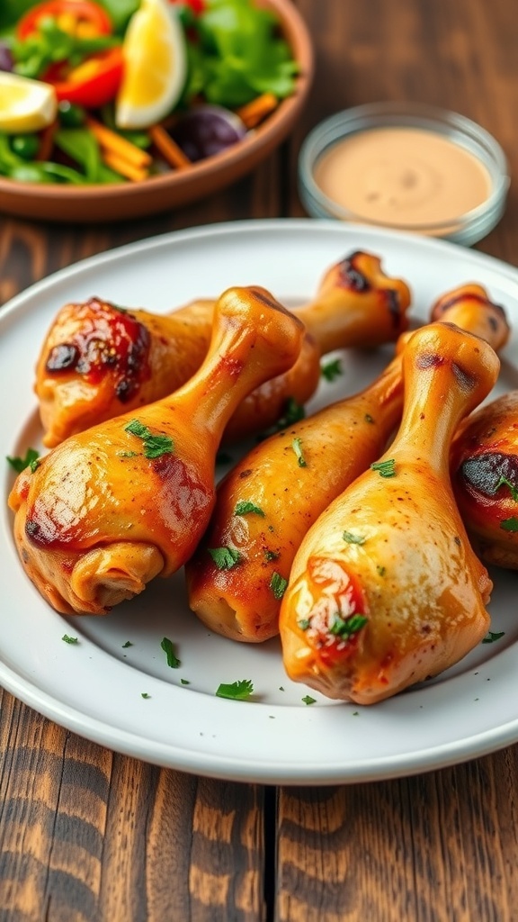 Sous Vide Chicken Drumsticks Recipe Golden-brown sous vide chicken drumsticks garnished with herbs on a rustic plate.